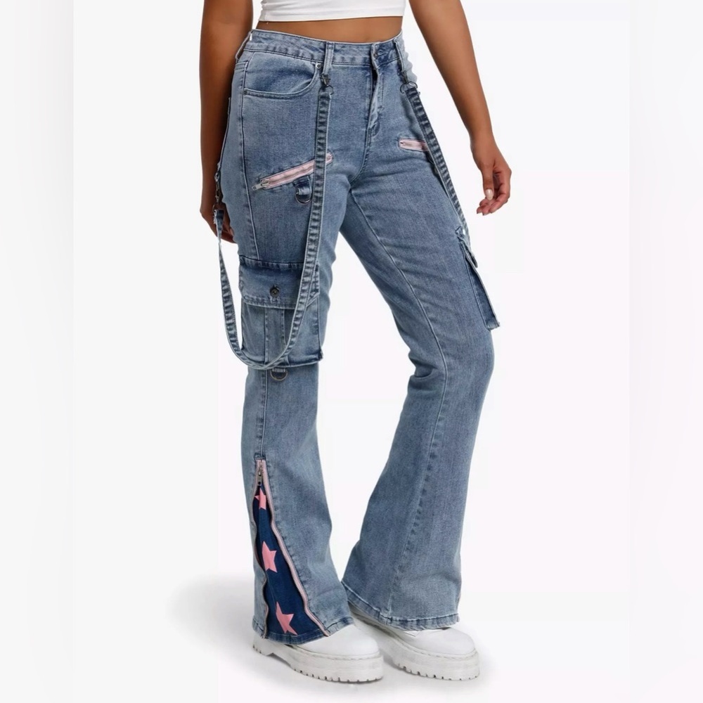 Hot Topic HT Denim Pink Star Suspender Low Rise Flared Leg Jeans Cargo Zippers